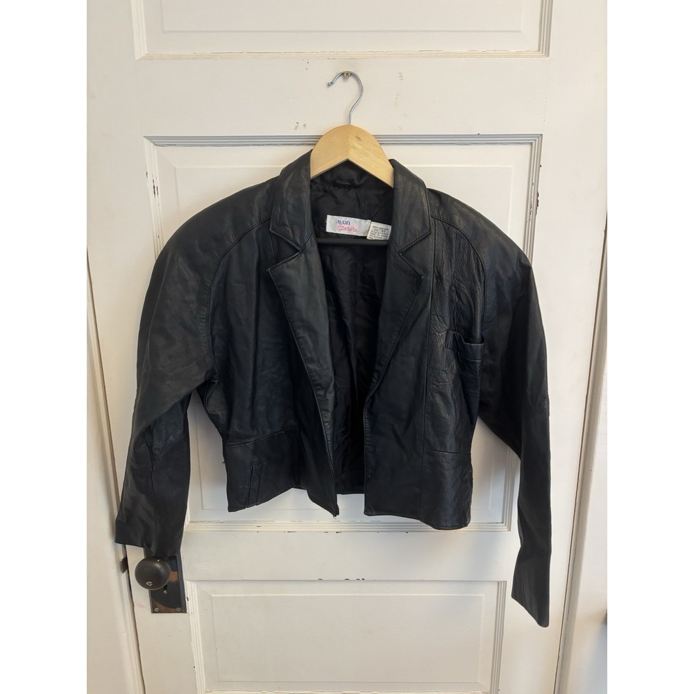 Avon Fashions Vintage 80s Women's Black Leather Cropped Moto Jacket‎ Size XS